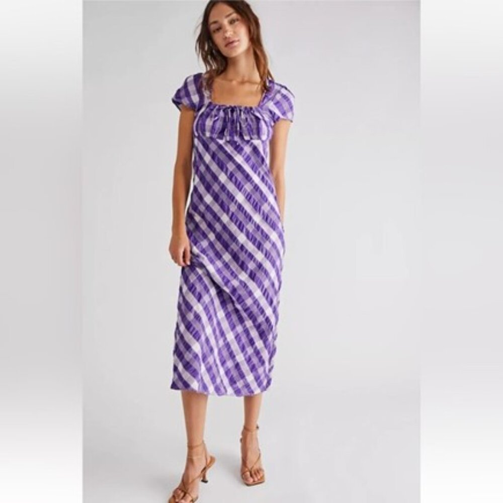 Free People Natalya Purple White Plaid Gathered Bust Midi dress NWT